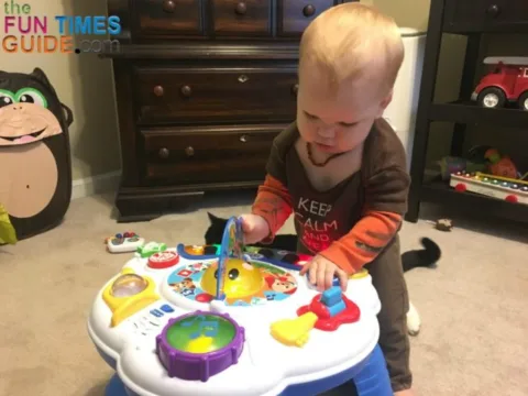 The Baby Einstein Discover Music activity table captivates the attention of my 10-month-old.
