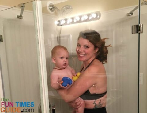 Can I shower with my baby to save time? Of course you can! Here is how we do it.