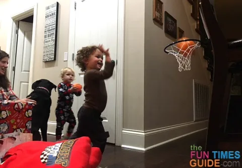 Our nephew shooting hoops into the Franklin Future Champs over-the-door basketball hoop.