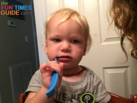 As soon as he gets bored with teeth brushing or starts playing with the toothbrush, we stop.
