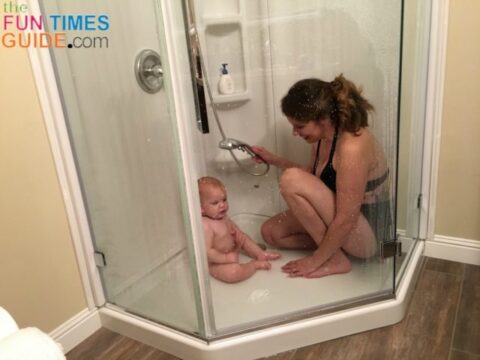 Our shower is the perfect size for baby and I to shower together.