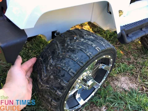 This ride-on Jeep has rugged tires instead of plastic ones.