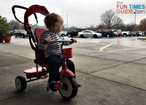 The pedals on the Radio Flyer trike don’t ever rest in an ideal position for both feet.