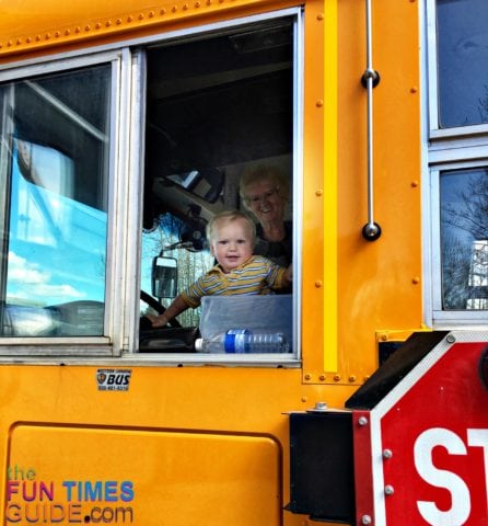 My son on a school bus -- but preschool is still a ways away.