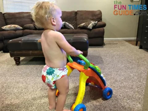 My 16-month-old toddler wearing his Alva Baby cloth diapers.