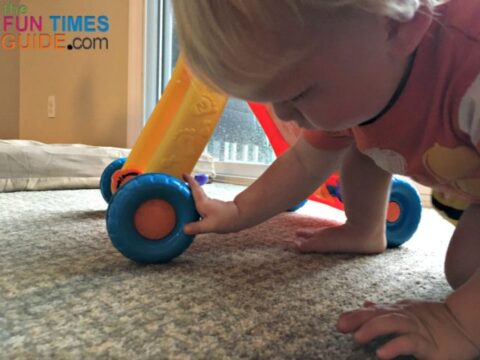 My baby is normally attracted to the wheels on toys first. 