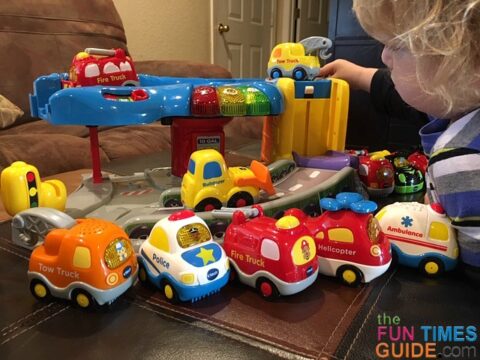 My son playing with the VTech Go Go Smart Wheels cars - and the garage playset.