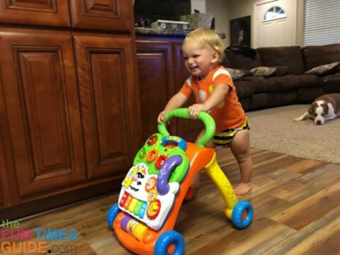 My 16-month-old was so excited when he realized that he could walk all around the house on his own, simply by pushing the VTech baby walker! 